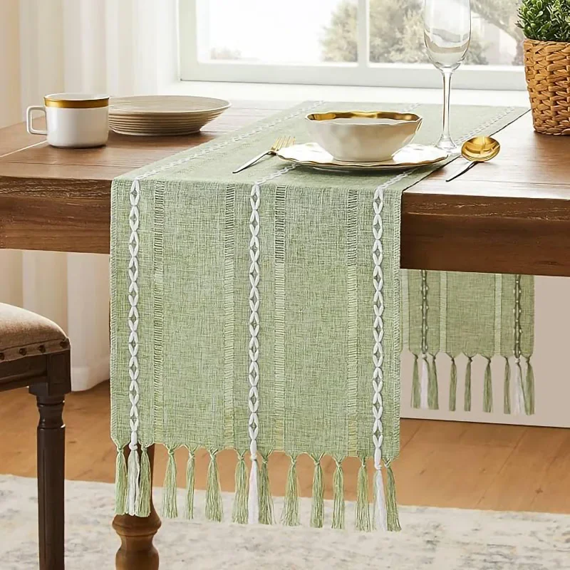 

Sage Green Table Runners Boho Rustic Tassels Farmhouse Braided Striped Cotton Linen for Dining Party Holiday Wedding Table Decor