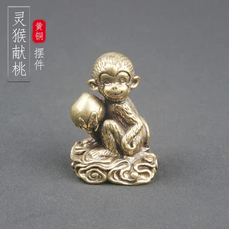 

Brass Monkey Offering Peach Table Top Decoration with Twelve Zodiac Monkey Bronze Carving Crafts Cultural and Tea Pet Decoration