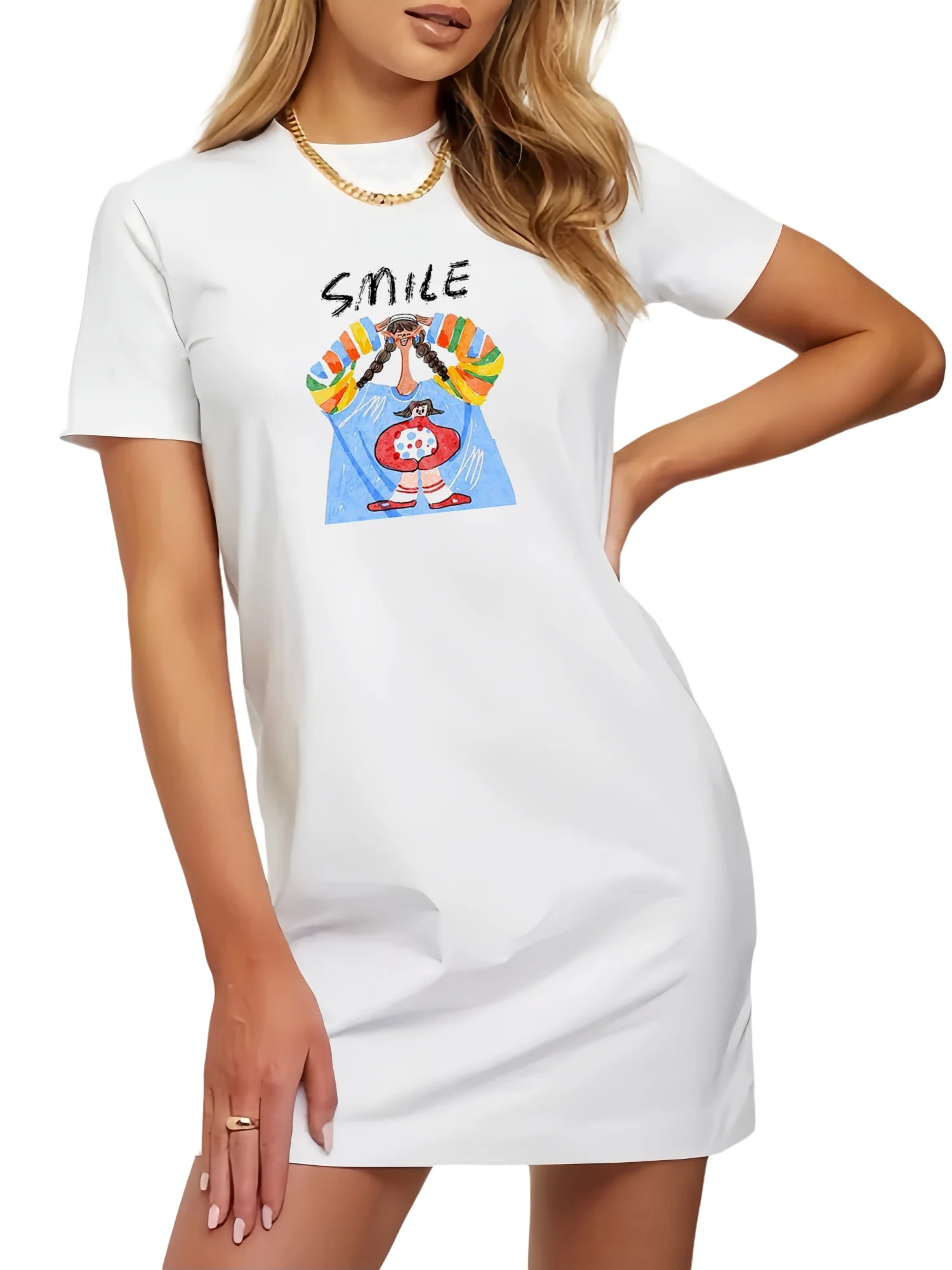 Smile Cute Firl Painting Print t-shirt Mini Dress Short Summer Woman Dress 2024 New