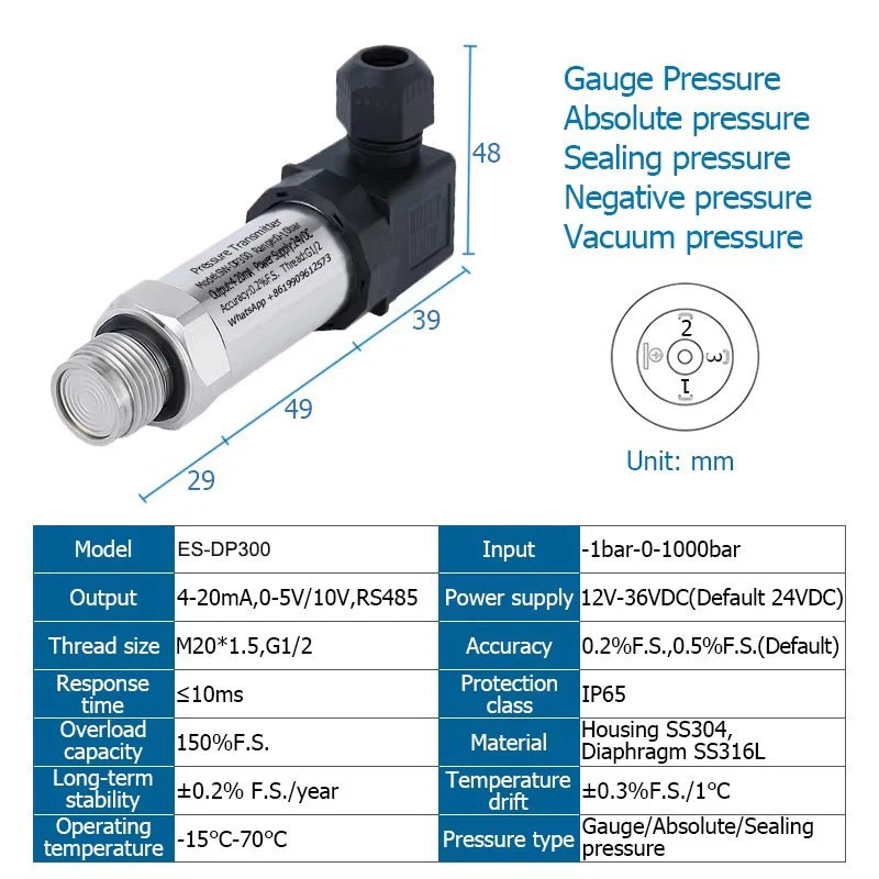 16bar Flat Film G1/2 Pressure Transmitter Flush Flat 4-20mA Diaphragm Diffusion Silicon ss316 Pressure Transmitter