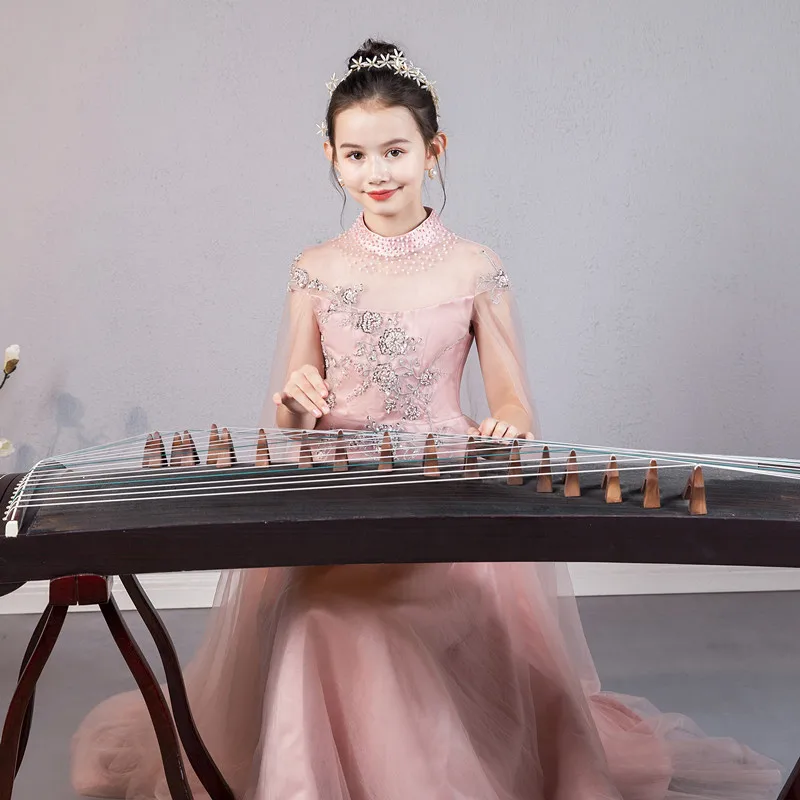 

Китайское традиционное сценическое танцевальное платье GuZheng для девочек, детское розовое платье с блестками и бисером Hanfu