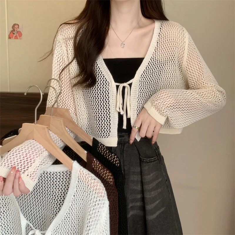 Summer Hollow Out Cardigan Women Full Sleeve Sweaters Shirts Lady Crop Tops Female Elastic Cardigans