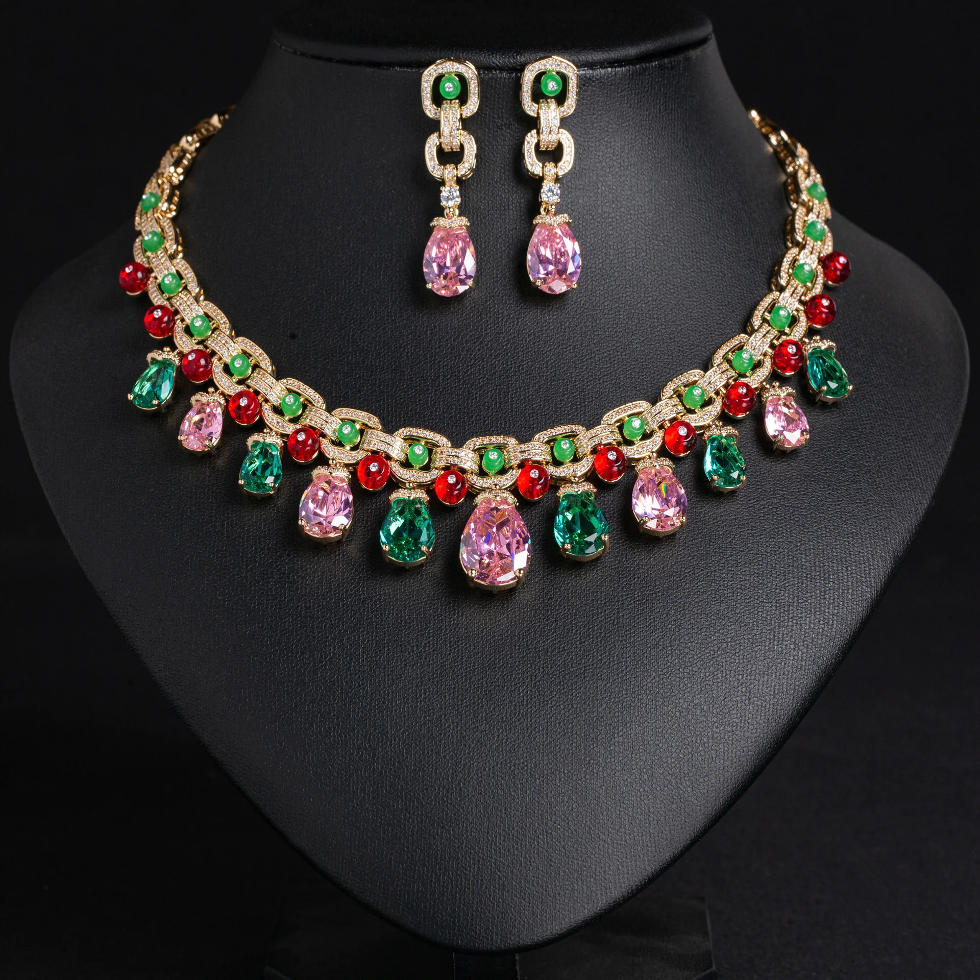 European and American Style Popular Temperament Red Zircon Jewelry Necklace and Earrings Women's Wedding Bridal Travel Gift 1078