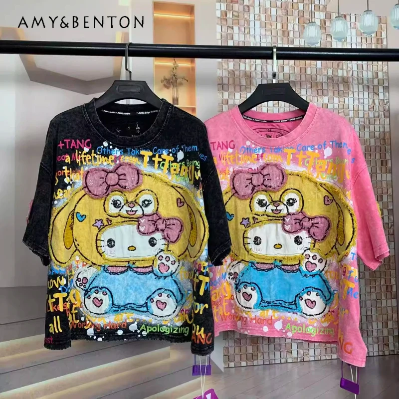 

Модная брендовая осенняя новая футболка с вышивкой и рисунком тяжелой стирки, модные милые возрастные модные кавайные футболки с короткими рукавами