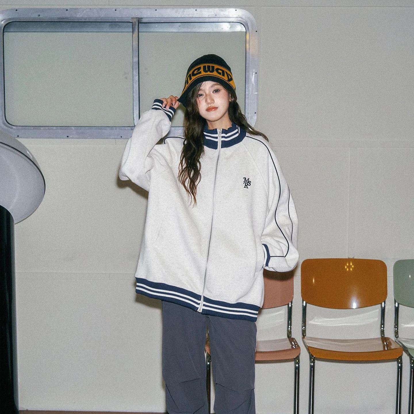 Grey Stand Collar Baseball Jacket for Women & Men Retro Sweatshirt Style Casual Lazy Outerwear