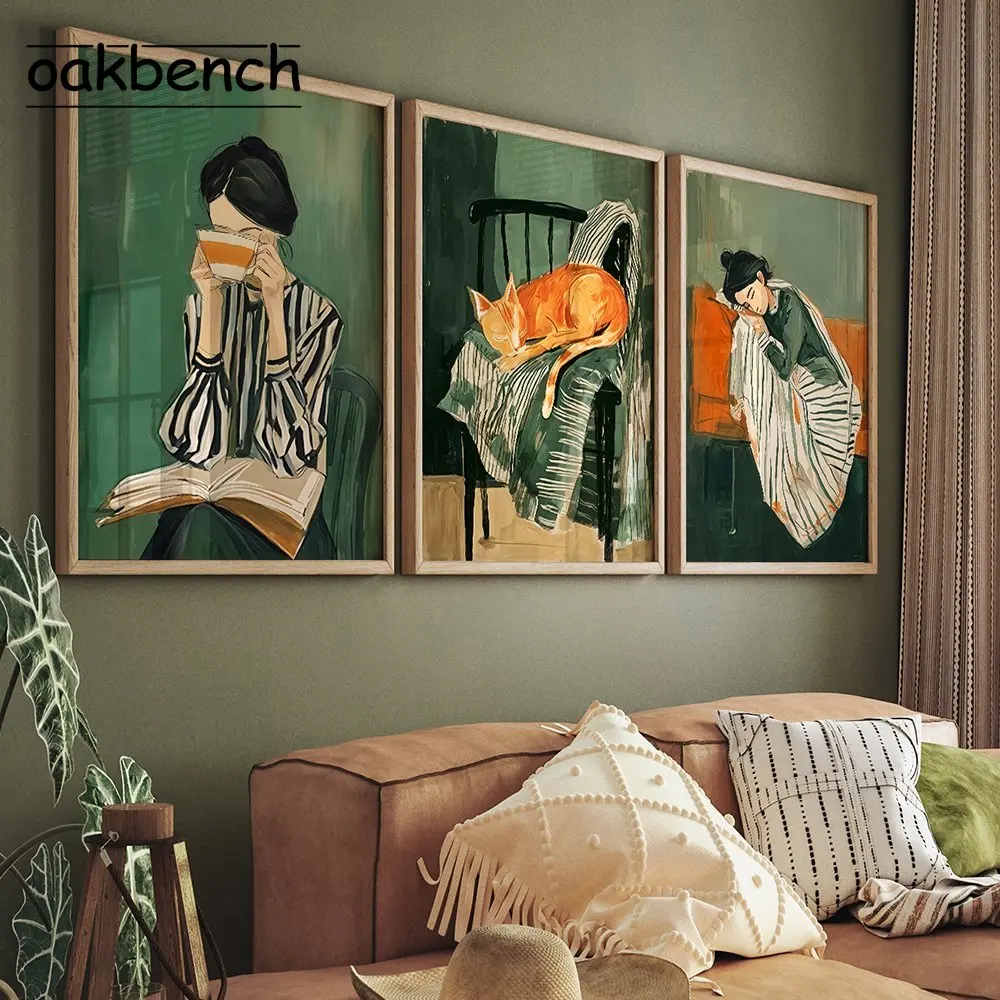 Abstract Woman Reading Drinking Coffee Wall Decor Yellow Cat Woman Sleeping Art Poster Modern Living Room Bedroom Decor No Frame