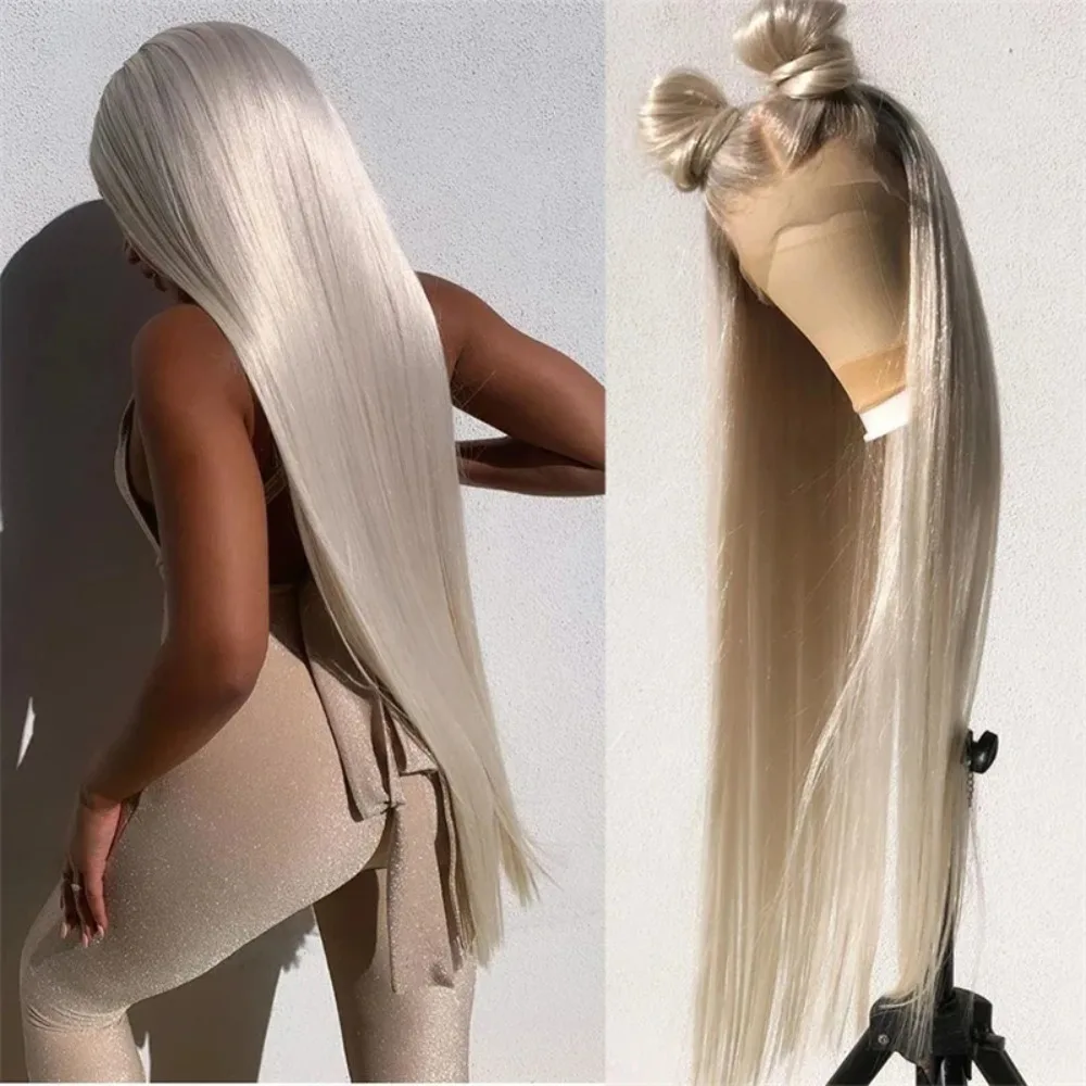 Platinum Blonde Ash Roots Colored Wigs 30inches Natural Hair HD Lace Wig Glueless Synthetic Wigs For Fashion Women Daily Use