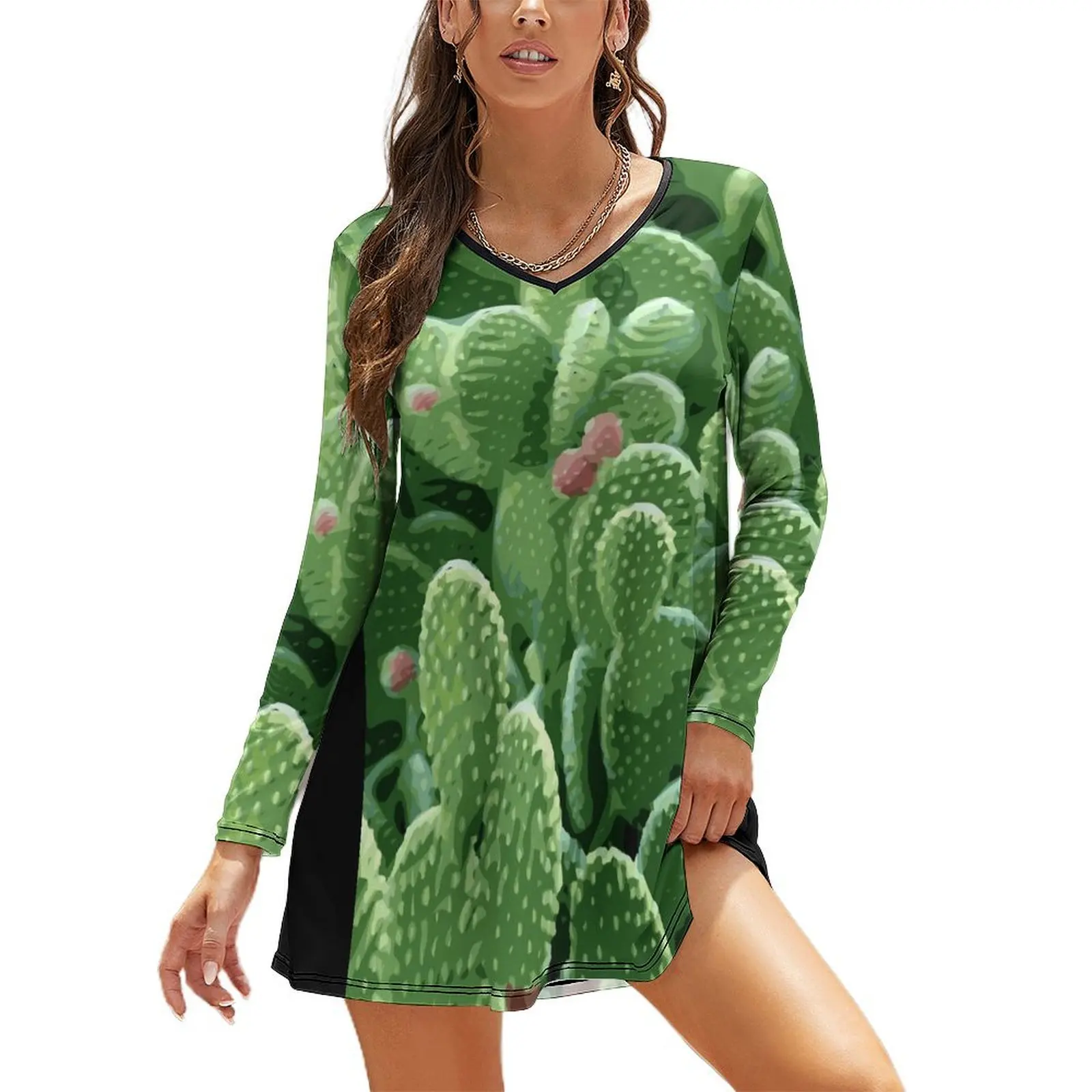 Vestido suelto de manga larga para mujer, traje de playa de verano, Cactus de pera espinoso con fruta