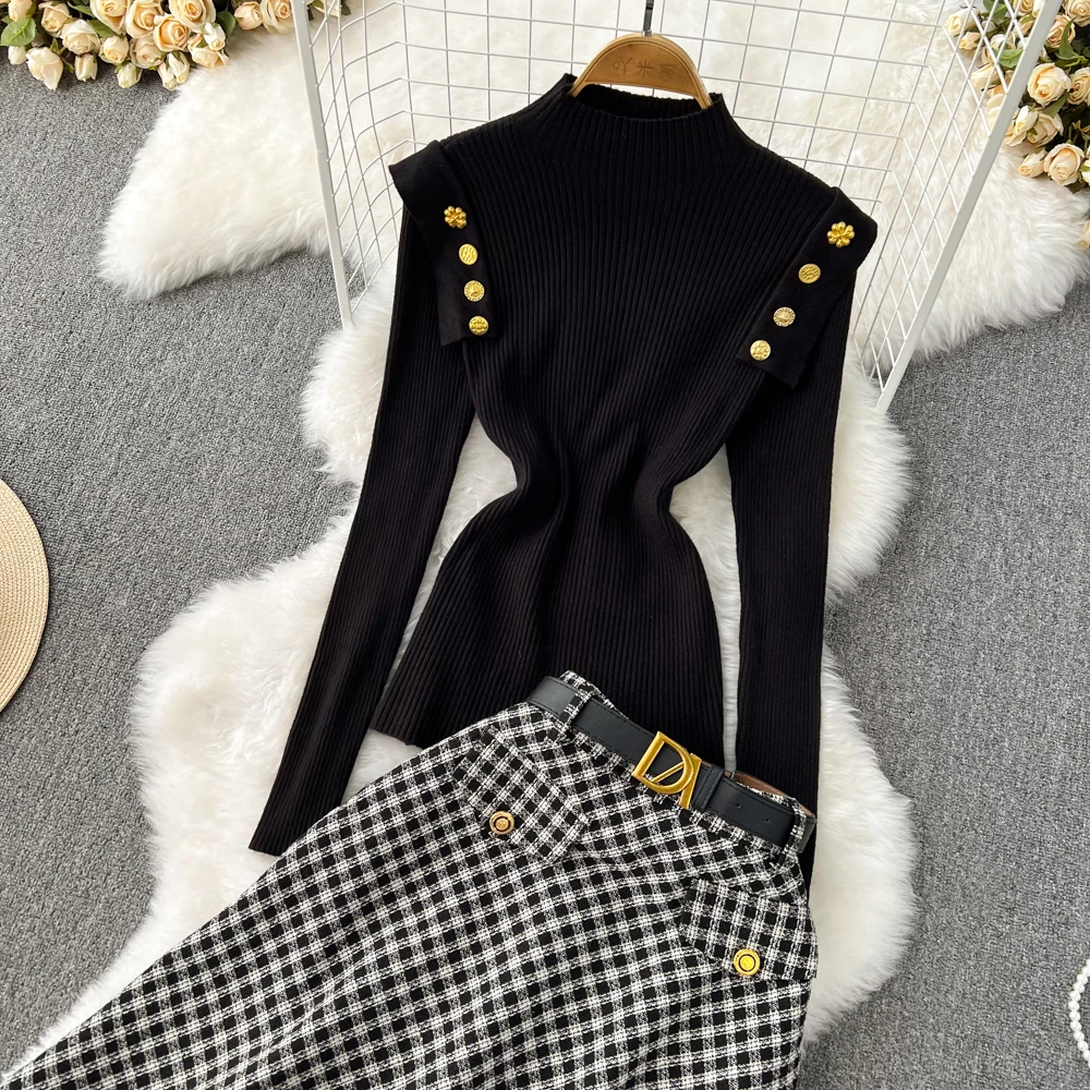 Autumn Winter Fashion Two Piece Skirt Set Women\'s Half High Collar knitted sweater Top Two-piece High Waisted Slim Plaid Skirt