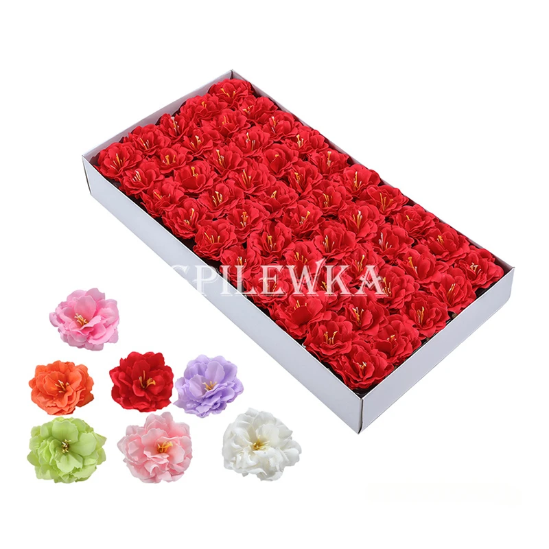 

Spilewka 50pcs Dia 7CM Peony Artificial Rose Fake Flowers Heads Valentine's Day Gift Box Wedding Flower Bouquet X'mas Home Decor