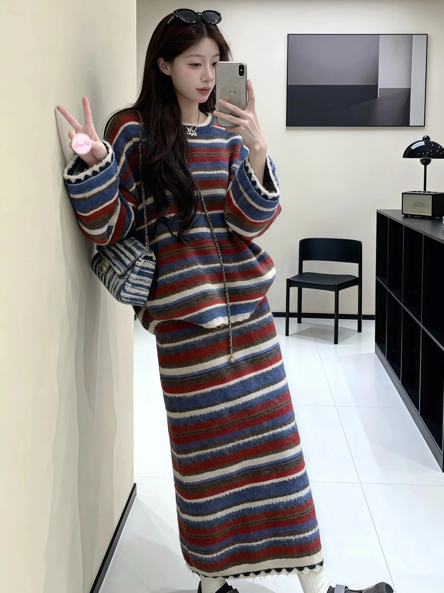

Winter Casual Striped Knitted Sweater And Skirt Set plus Size Women's Faion Warm Comfortable Two-Piece Ensemble