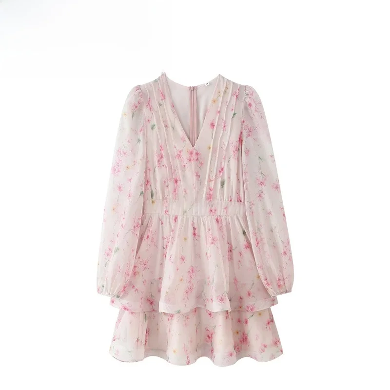 Fashionable Layered Print Long Sleeve Dress Elegant Personality Women's Clothing Citywalk Fairy Skirt Polyester Fiber