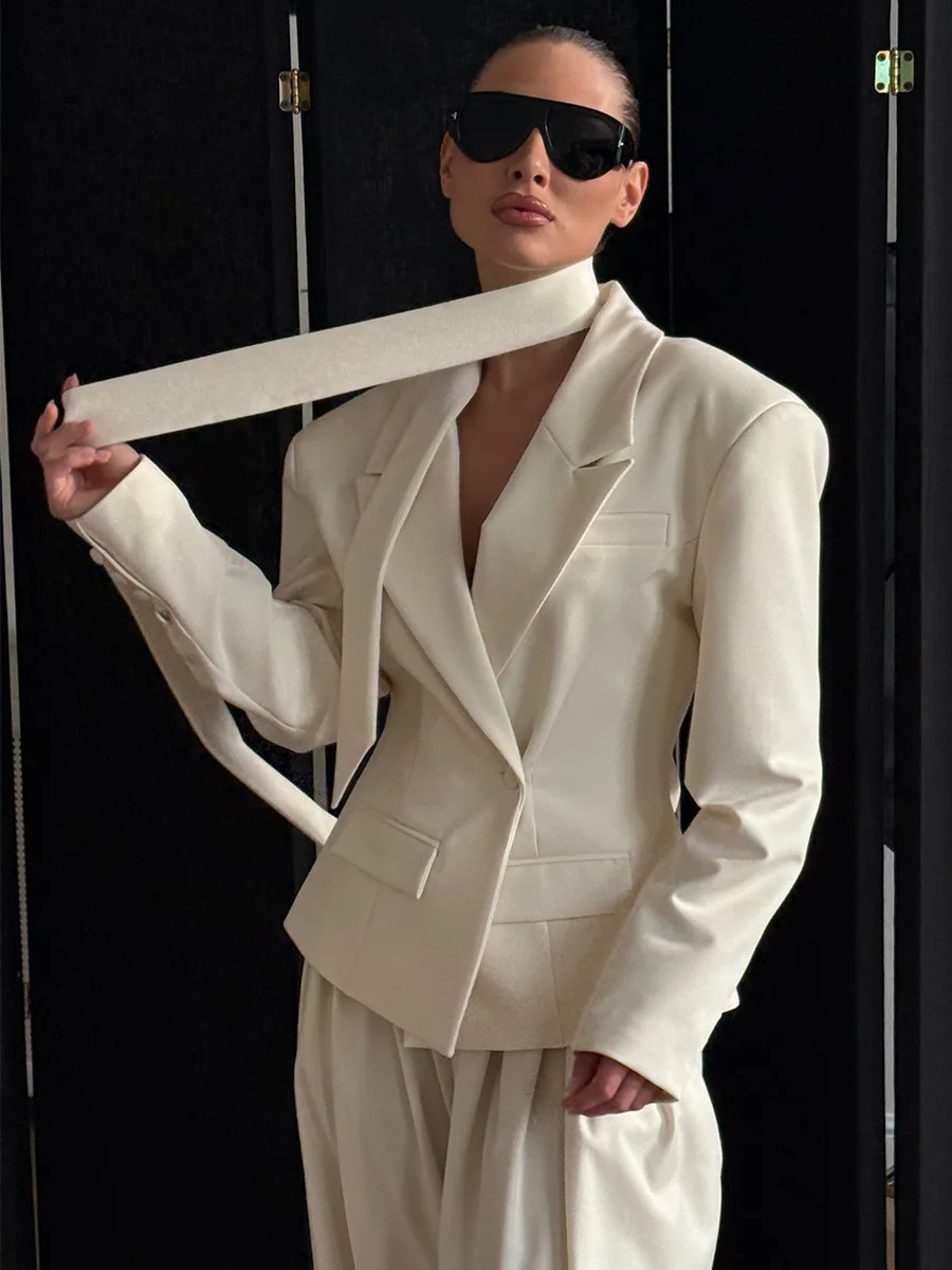 Blubelle Autumn Winter New Women's Belted Neckline Tie Blazer Structured Shoulders Short Jacket Elegant Office Commuting Coat