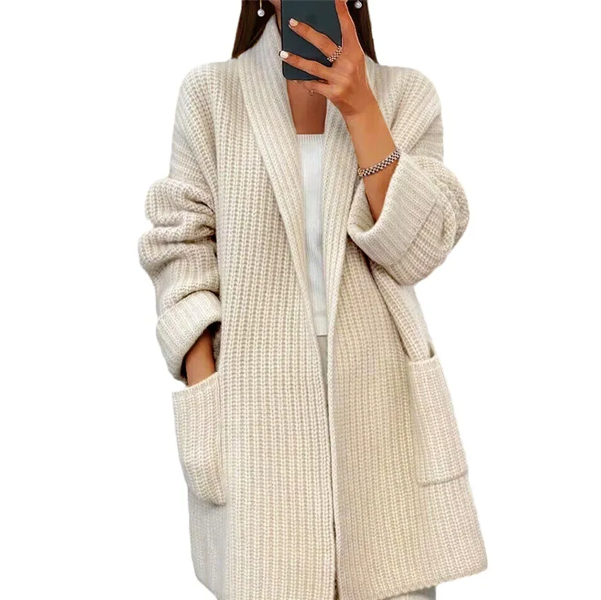 Women\'s Pocket Design Knitted Sweater Cardigan Autumn Winter Female Clothes Solid V-Neck Casual Long Sleeve Loose Daily Coat