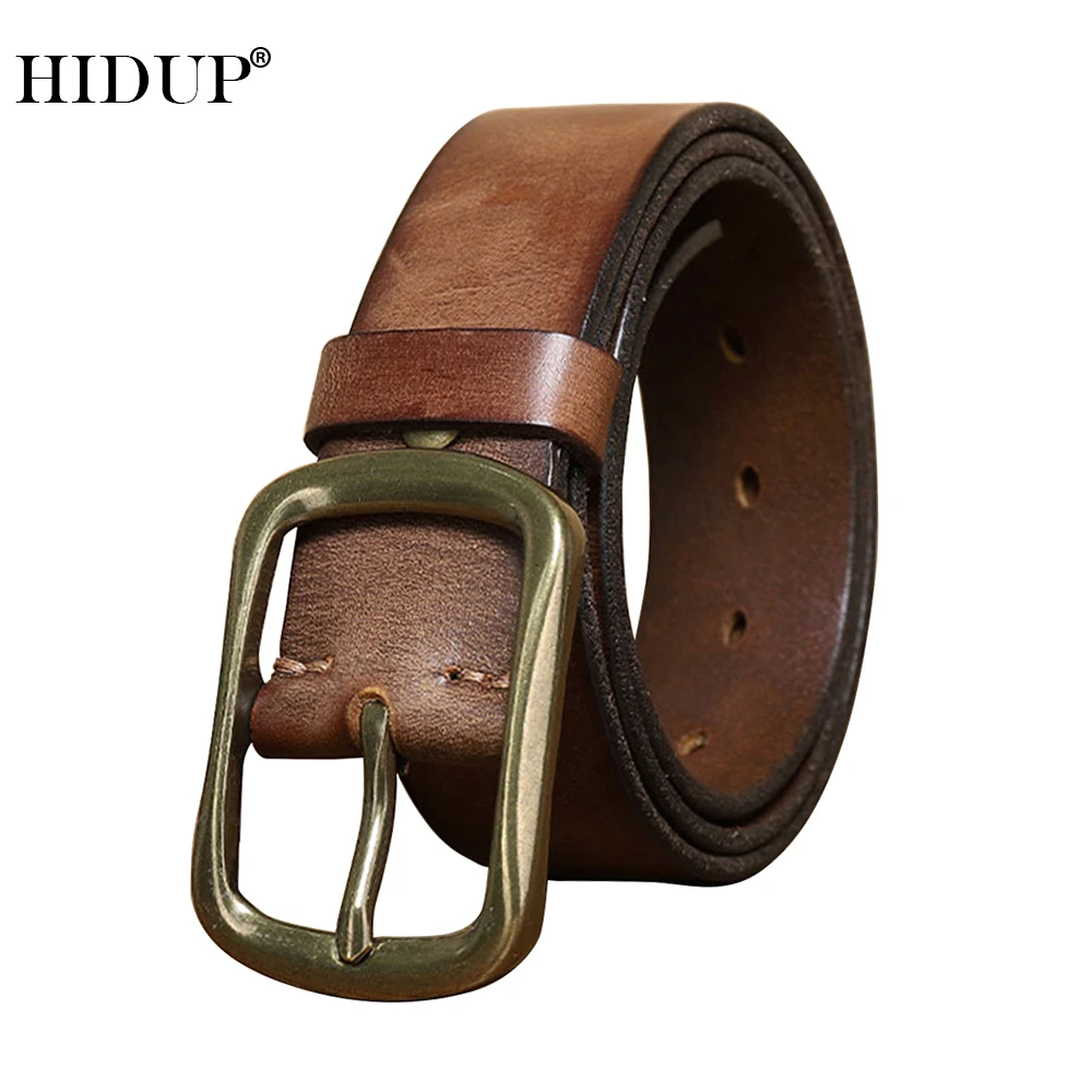 

HIDUP Top Grade Quality 100% Pure Cowhide Leather Brass Pin Buckle Belts for Men