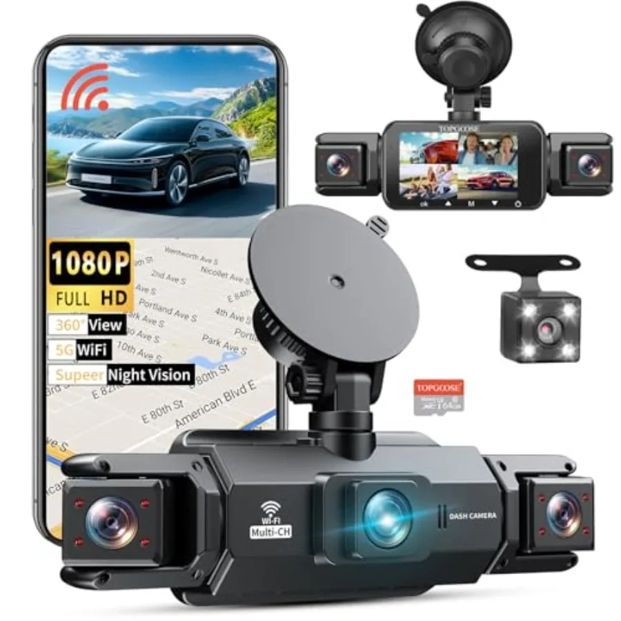 

Car dash cam: 4-channel 360 2K FHD, 5G WiFi APP control, black aluminum alloy, free 64GB card, G-sensor, loop recording, 24H pa