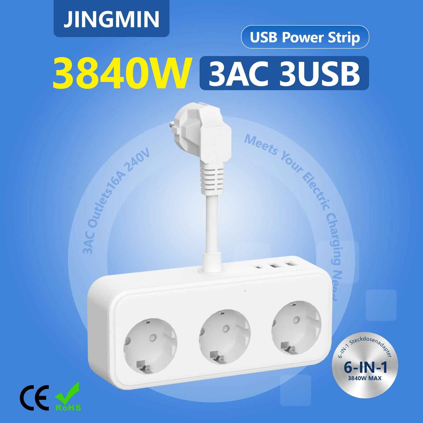 JINGMIN Power Strip With USB 2 Compartments Power Strip With 3 USB Ports 5 In 1 Socket Adapter Wall Socket With Flexible Cable