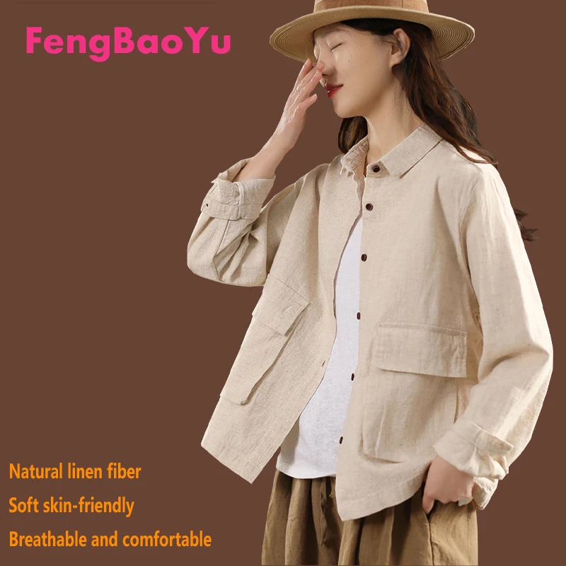 

100% Natural Pure Linen Women's Shirt, Coffee-colored Long-sleeved Coat Large Pocket Decoration, Youthful Fashionable Women Wear