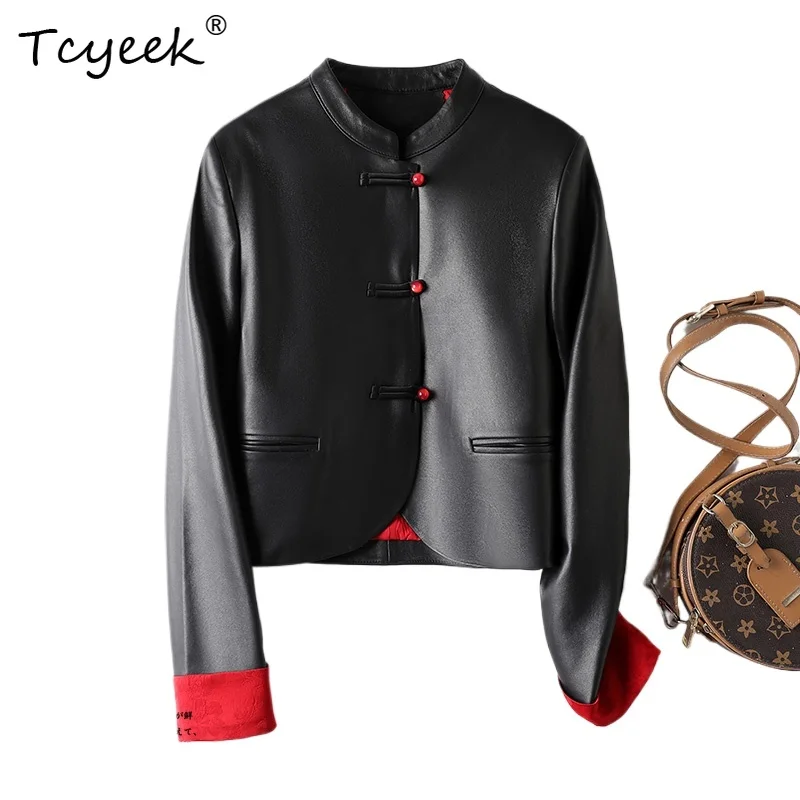 Tcyeek Strato superiore di pelle di pecora Primavera Autunno Nuovo stile cinese Colletto rialzato Giacca di pelle da donna nera Ж Dön yisжаха Куртка