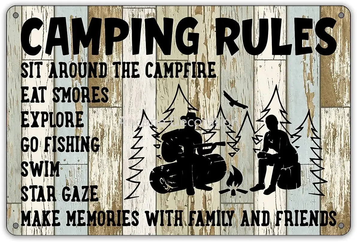 QIONGQI Funny Camping Rules Metal Tin Sign Wall Decor Farmhouse Rustic Camp Signs for Home Garage Men Cave Yard Camper