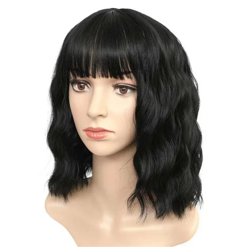 Hot selling women's short curly synthetic hair set, European and American wine red bangs wig