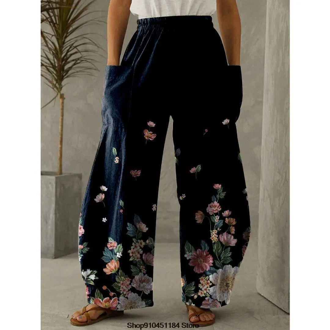 

Women Spring Fashion Side Pockets Printed Wide Leg Beach Pants Vintage Waist Drawstring Female Ankle Trousers Mujer Streetwear