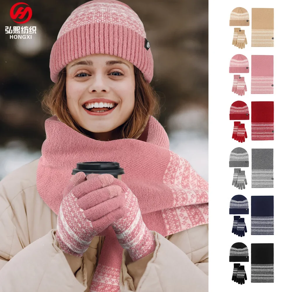 Women Winter Keep Warm Set Fleece Lining Beanie Telefingers Gloves Thicken Scarf Christmas Hat Snow Design Neckerchief 3 Pieces