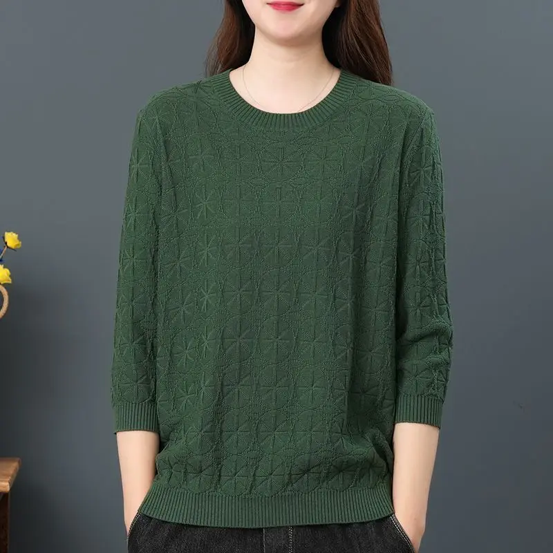 

Autumn New Women Clothing T-Shirts Solid O-neck Thin Jacquard Weave Fashion Casual 3/4 Sleeve Loose Bottoming Shirt Knitting Top