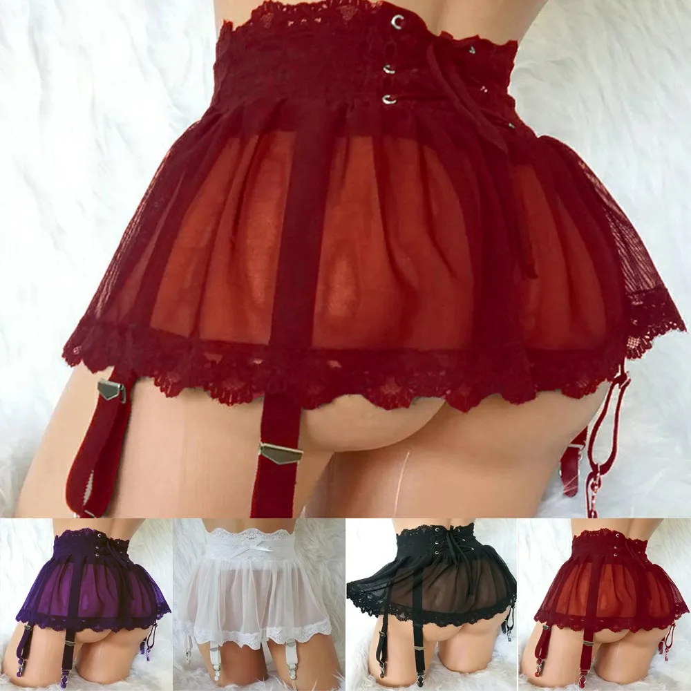 

Womens Lace High Waist Soft Sleep Skirt Garter Ultra-Thin Mesh See-through Lingerie Breathable Quick Dry Underwear Fashion