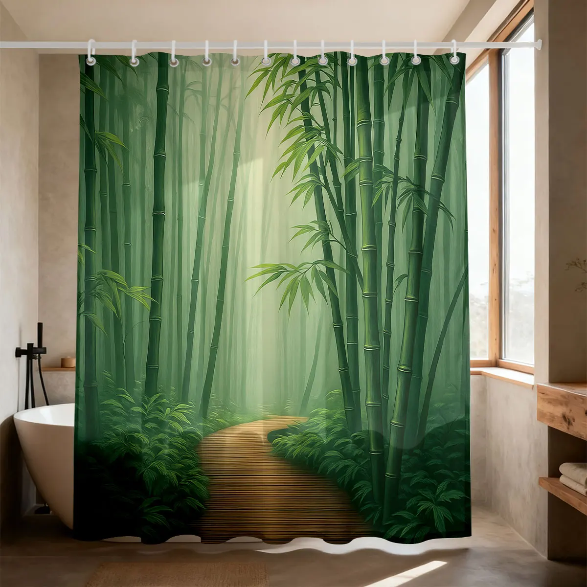 Watercolor Bamboo Forest Shower Curtain with Hooks Waterproof Polyester Fabric Bathroom Modern Minimalist Curtains for Bath Room