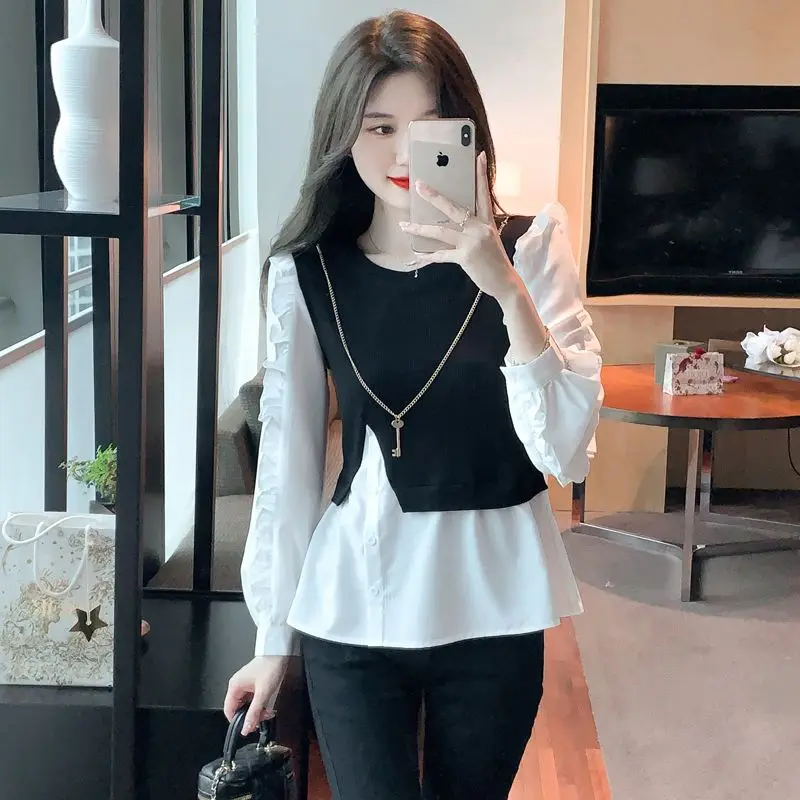 Fake Two Piece Patchwork Contrast Blouse Spring Autumn New Long Sleeve Pleated Elegant Shirt Tops Fashion Korean Women Clothing