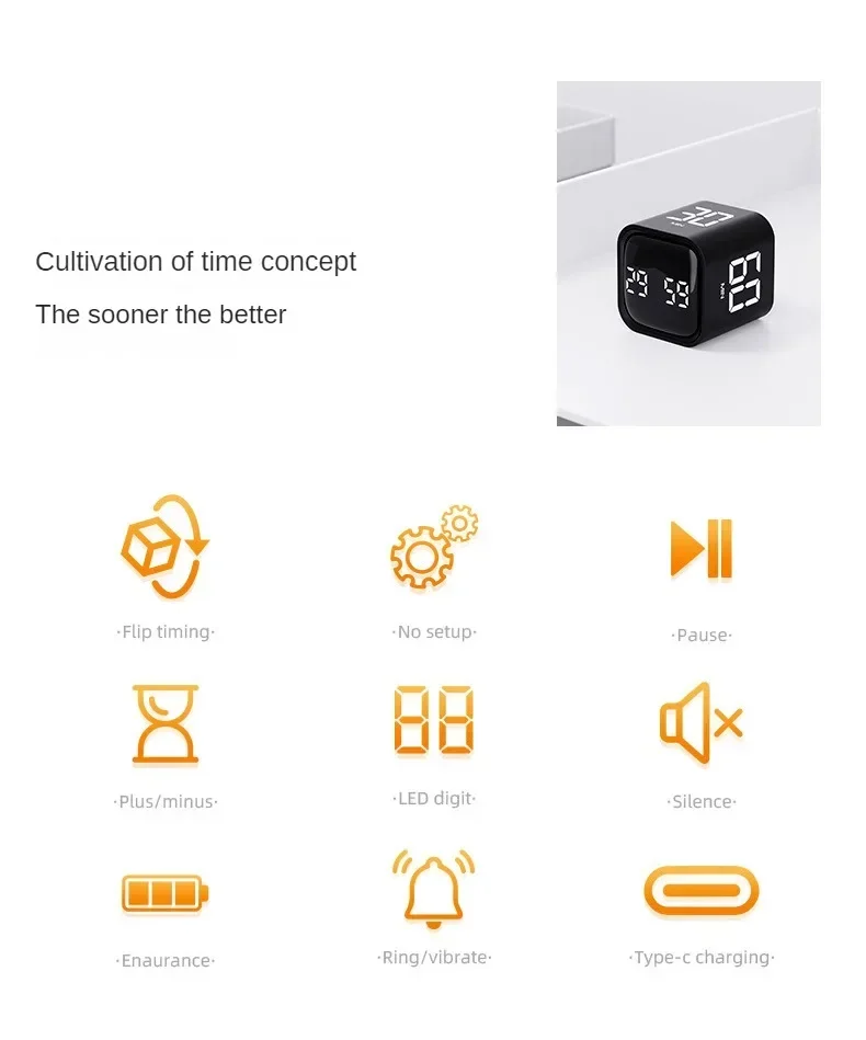 Produktivitätswürfel-Timer, Schwerkraftsensor, umdrehbare LED-Anzeige, 4 voreingestellte Zeit, Dual-Modi, Countdown, Kochstudie, Mini-Digital-Timer – Detail 3