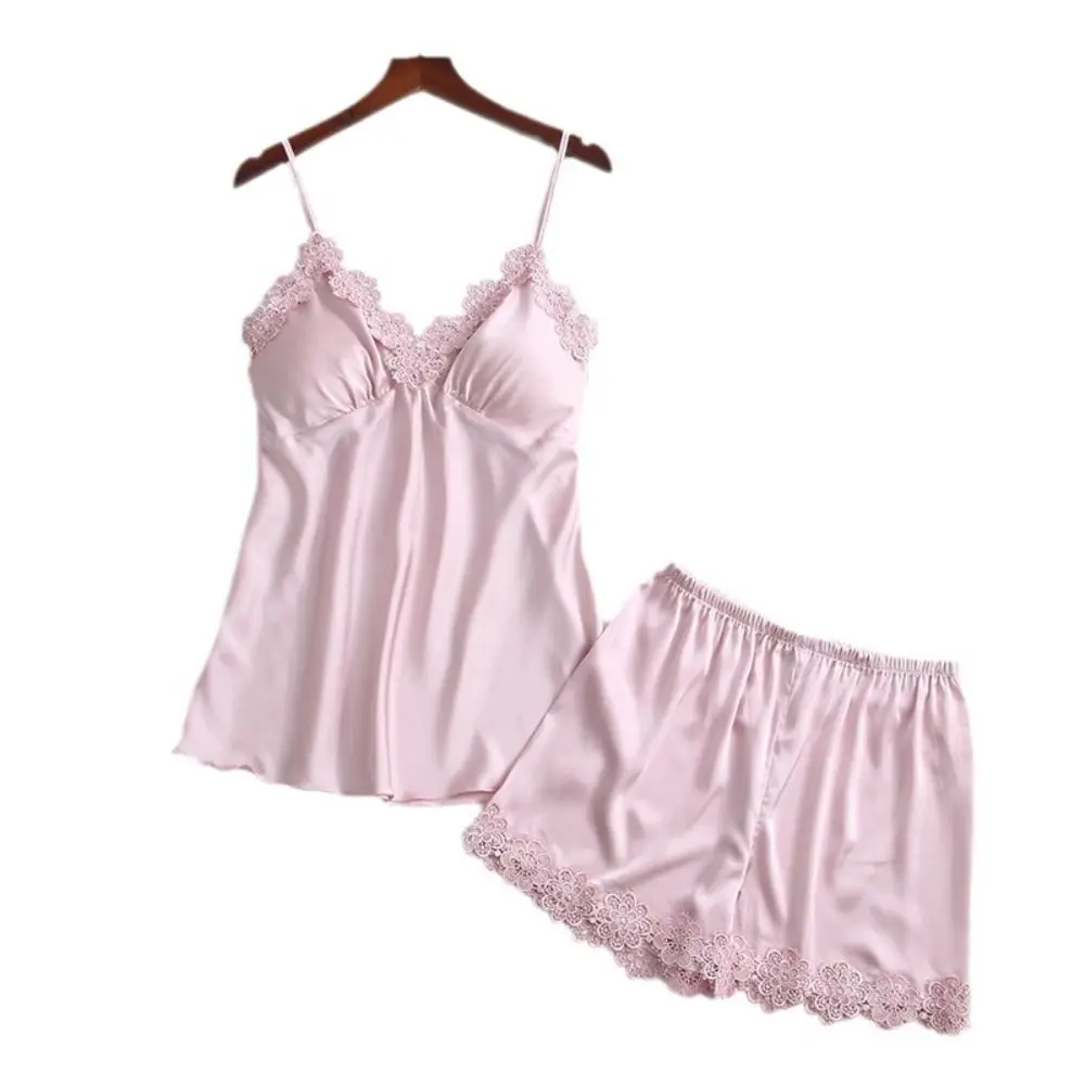 

Ice Silk Lace Pajamas Suit V-Neck with Pad Sling Shorts Nightwear Loose Female Home Clothes Two Piece Sleepwear Sets Sleeping