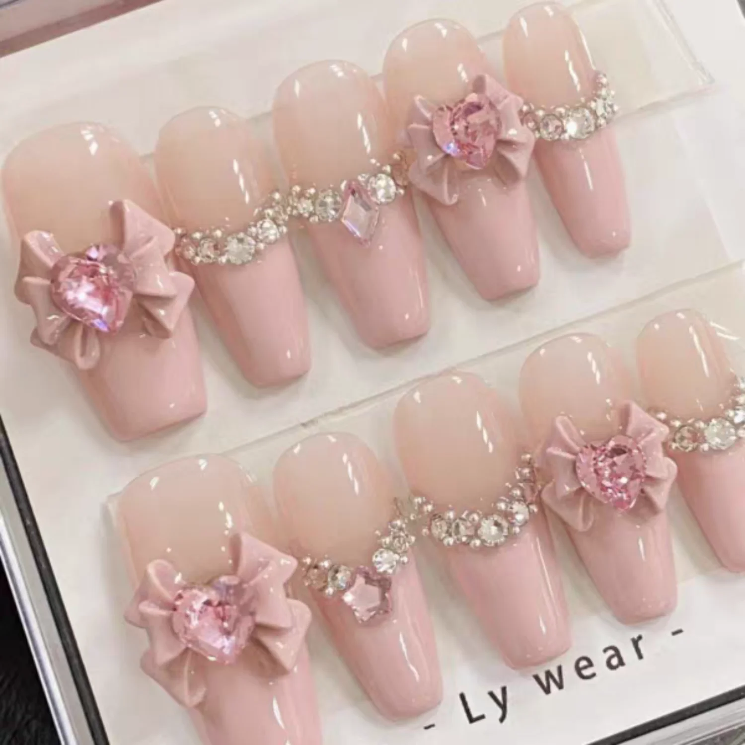 

Sweet Handmade Press On Nails 10 шт. Балерина 3D Хрустальный бант Накладные ногти Декор Французский кончик Накладные ногти Элегантный румянец Nail Art