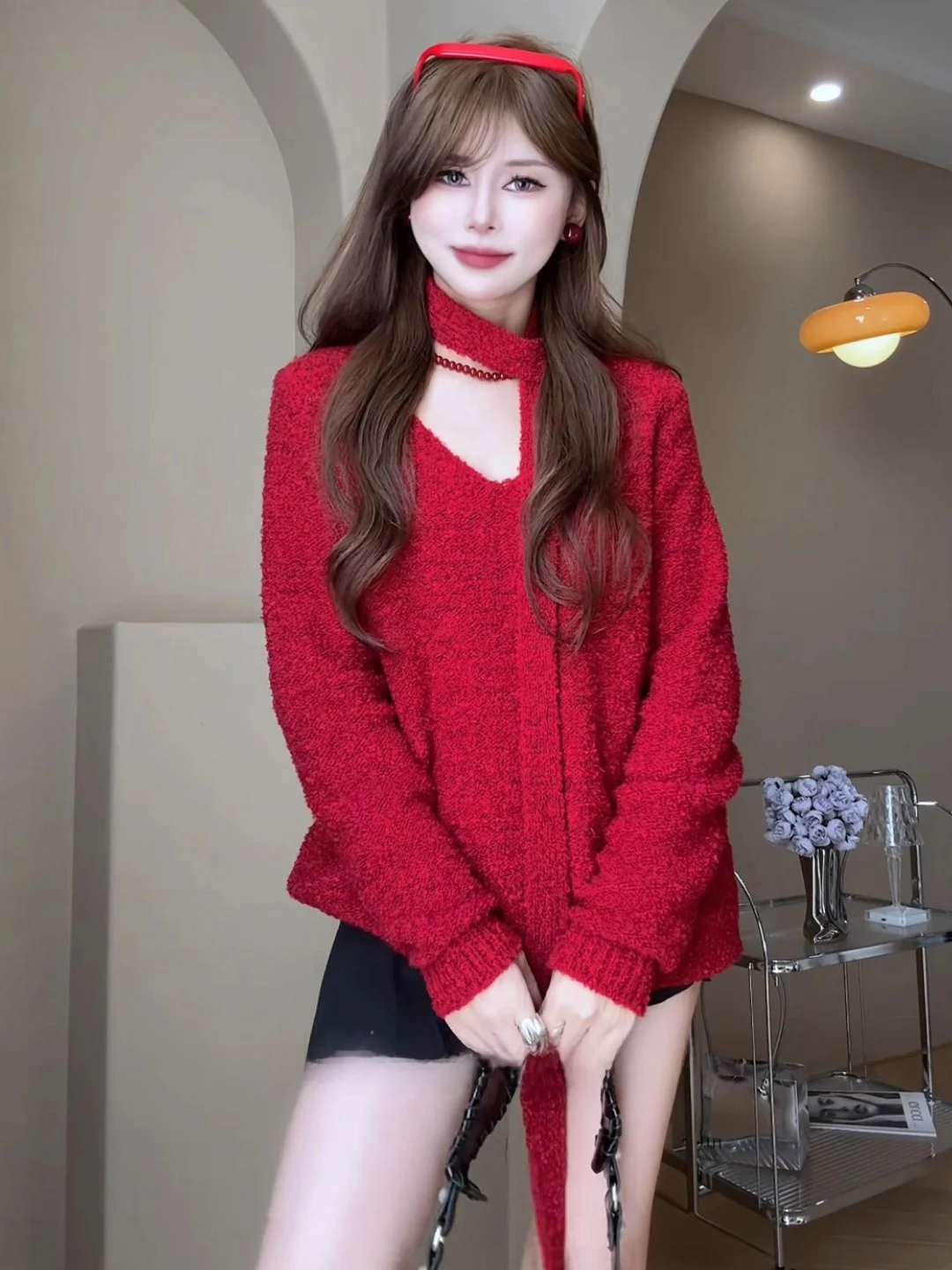 

Laid-ba Red V-ne Sweater Women's Autumn Winter Hanging Ne Drifting Belt Knitted irt Unique Casual Very Attractive Top