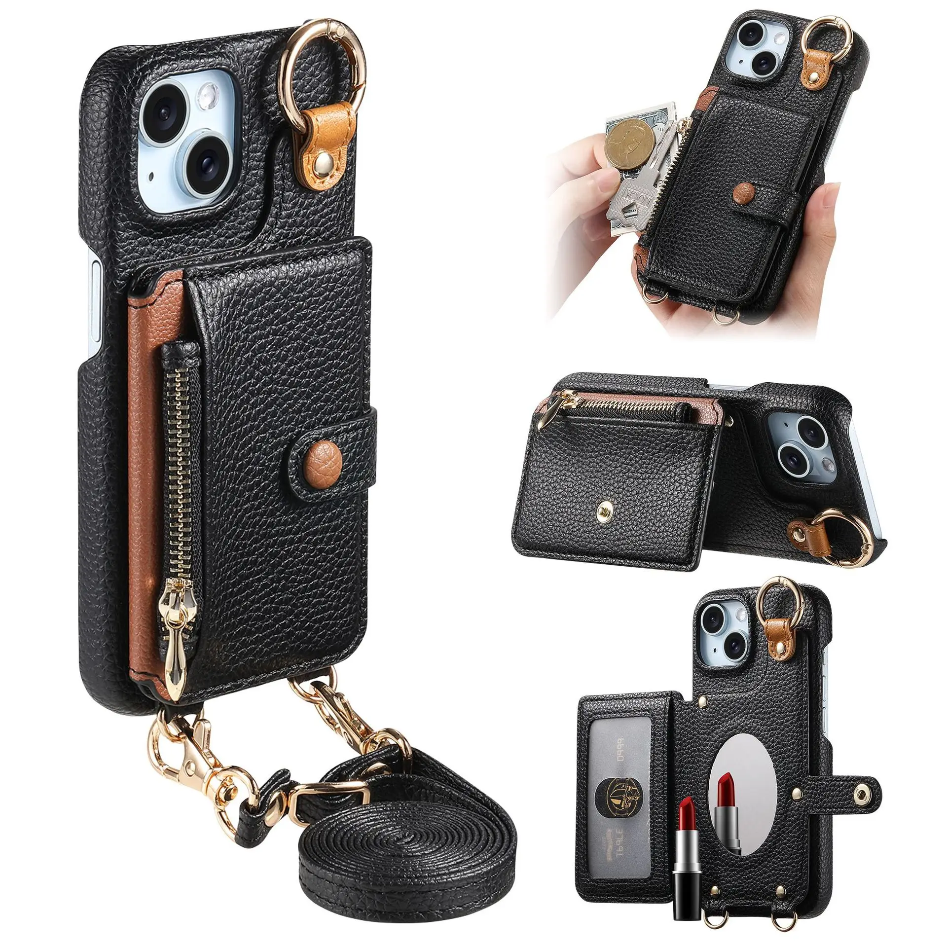 

mirror phone case for iphone16 16pro max 16plus 15 14 13 12 11 se3 pu leather wallet style phone cover card slot Lanyard Fundas
