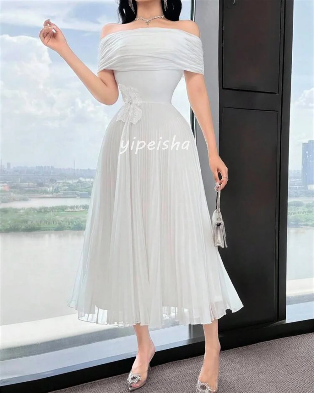 Customized High Quality Classic Chiffon Handmade Flower A-line Off-the-shoulder Ankle Length Dresses Bespoke Occasion Dresses