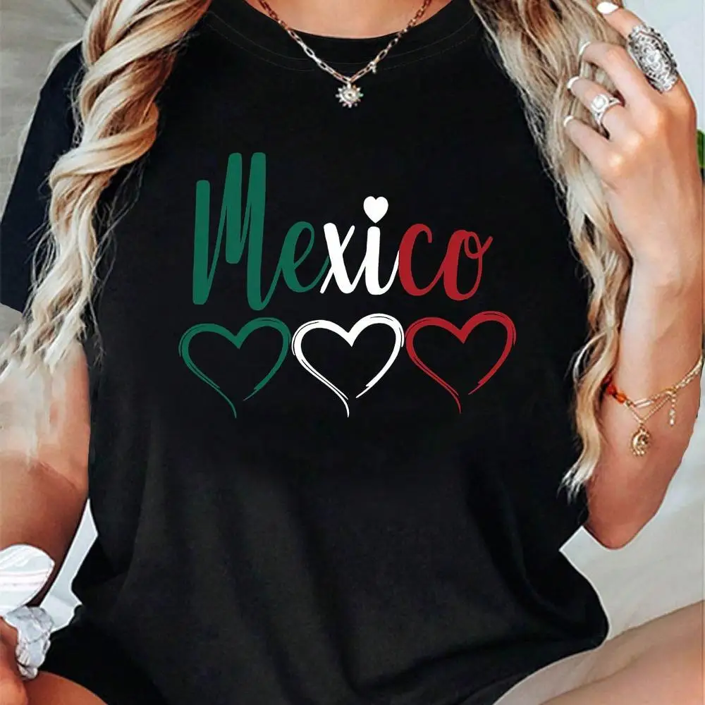 Spring Tops Mexico Heart Mexico Text Print Women s Round Neck Spring Summer Short Sleeve T-Shirt Loose And Comfortable Summer