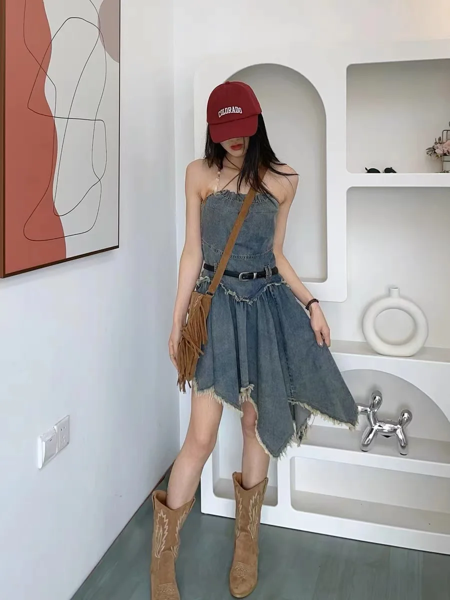 

New Product Design Sense Distressed Tassel Denim Dress Female Summer Hottie Cinched Waist Sundress Irregular Medium Length