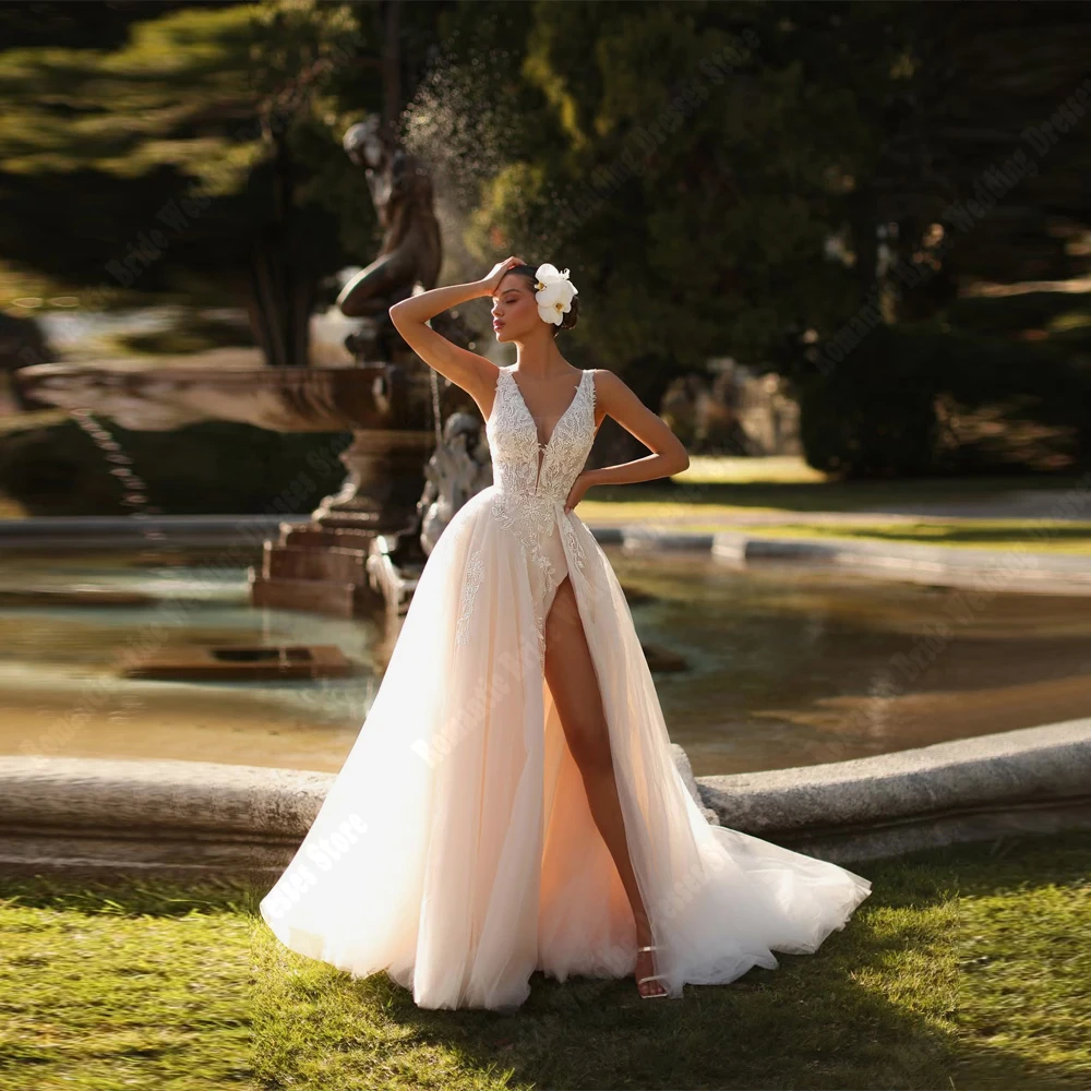 

2025 Sexy V-Neck Sleeveless Women Wedding Dresses Elegant A-Line Bridal Gowns Princess Beach Ball Vestidos De Novias Customized