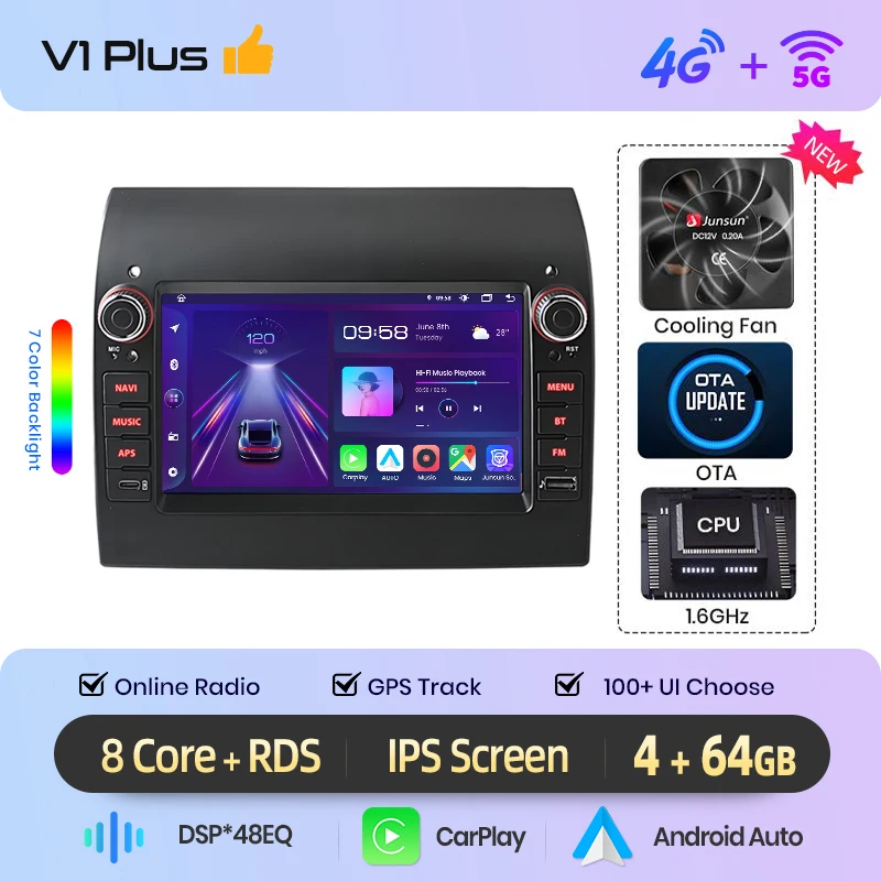 Junsun 7" draadloze CarPlay Android Auto autoradio voor Fiat Ducato 2015 2016 2017-2020 Multimedia draadloze Apple CarPlay slimme intelligente systemen IPS touchscreen stereo videospeler 2 Din