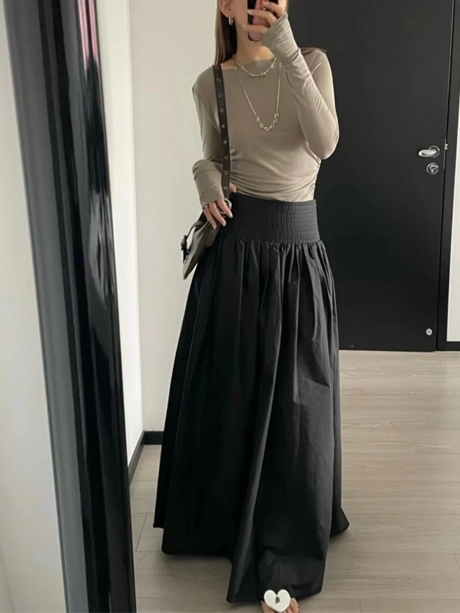 

Anti-Wrinkle Cotton Blend Long Hepburn Bla Dr Women's Wide Waist Pleated f Skirt Umbrella Skirt Simple Sle Casual