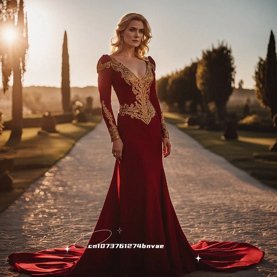 

Элегантное красное вечернее платье с золотыми кружевными аппликациями и длинными рукавами, винтажное платье для приема, вечернее платье с v-образным вырезом по индивидуальному заказу для женщин