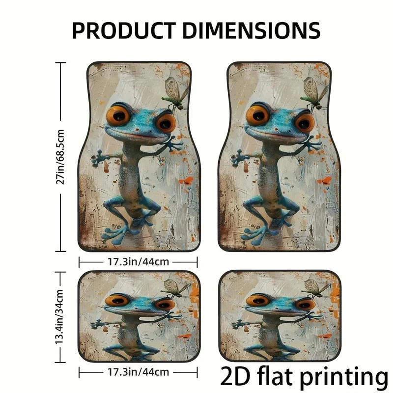 4pcs Car Floor Mats, Cartoon Frog And Dragonfly Abstract Design, Universal Car Mats, Made Of Polyester Fiber, Automotive Decorat 3