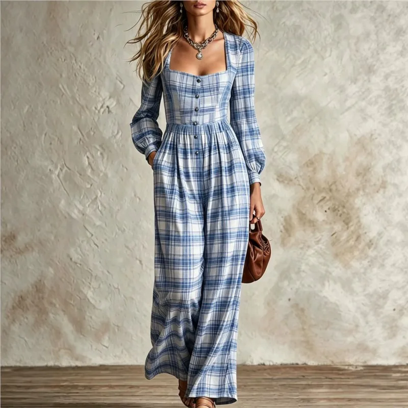 Retro Plaid Printed Jumpsuit Female Spring Autumn Fashion Square Collar Waist Cinched Wide Leg Jumpsuits Stylish Office Clothing