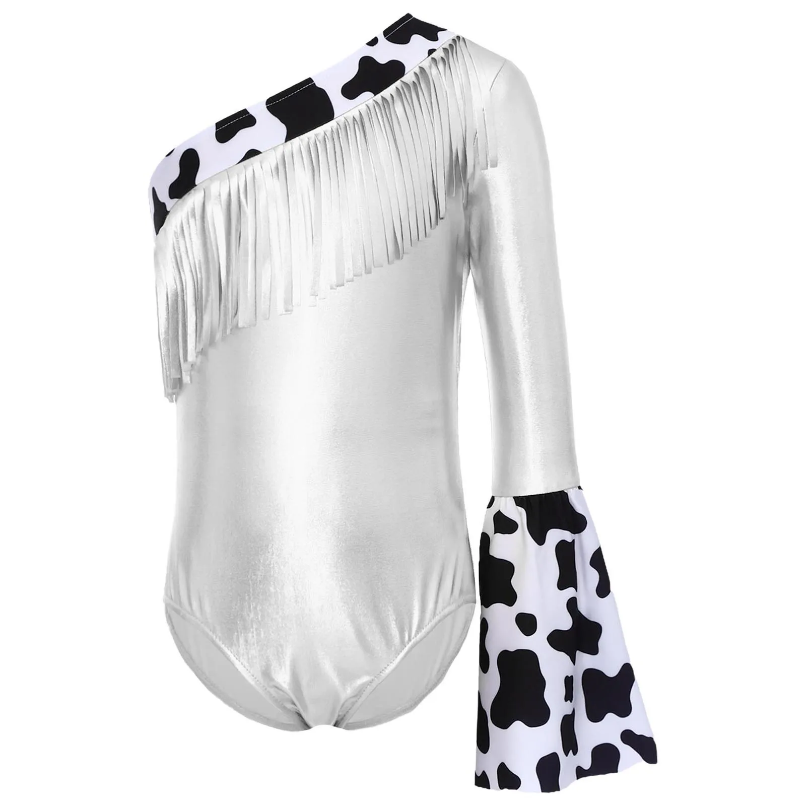 Kids Girls Western Cowgirl Cosplay Costume One Shoulder Fringe Metallic Bodysuit Gymnastics Dance Leotard for Halloween Carnival