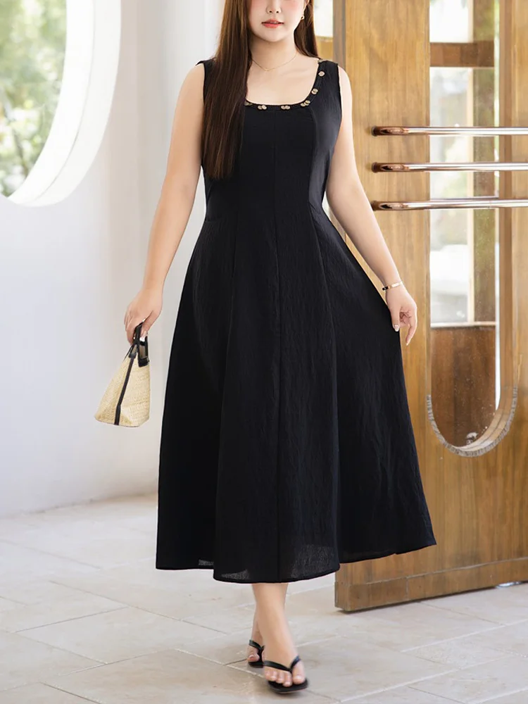 

Casual Old Sequined Style U-neck Dress Plus Size Women Premium Wide Shoulder Strap three-dimentional Cut Vacation Linen Dress