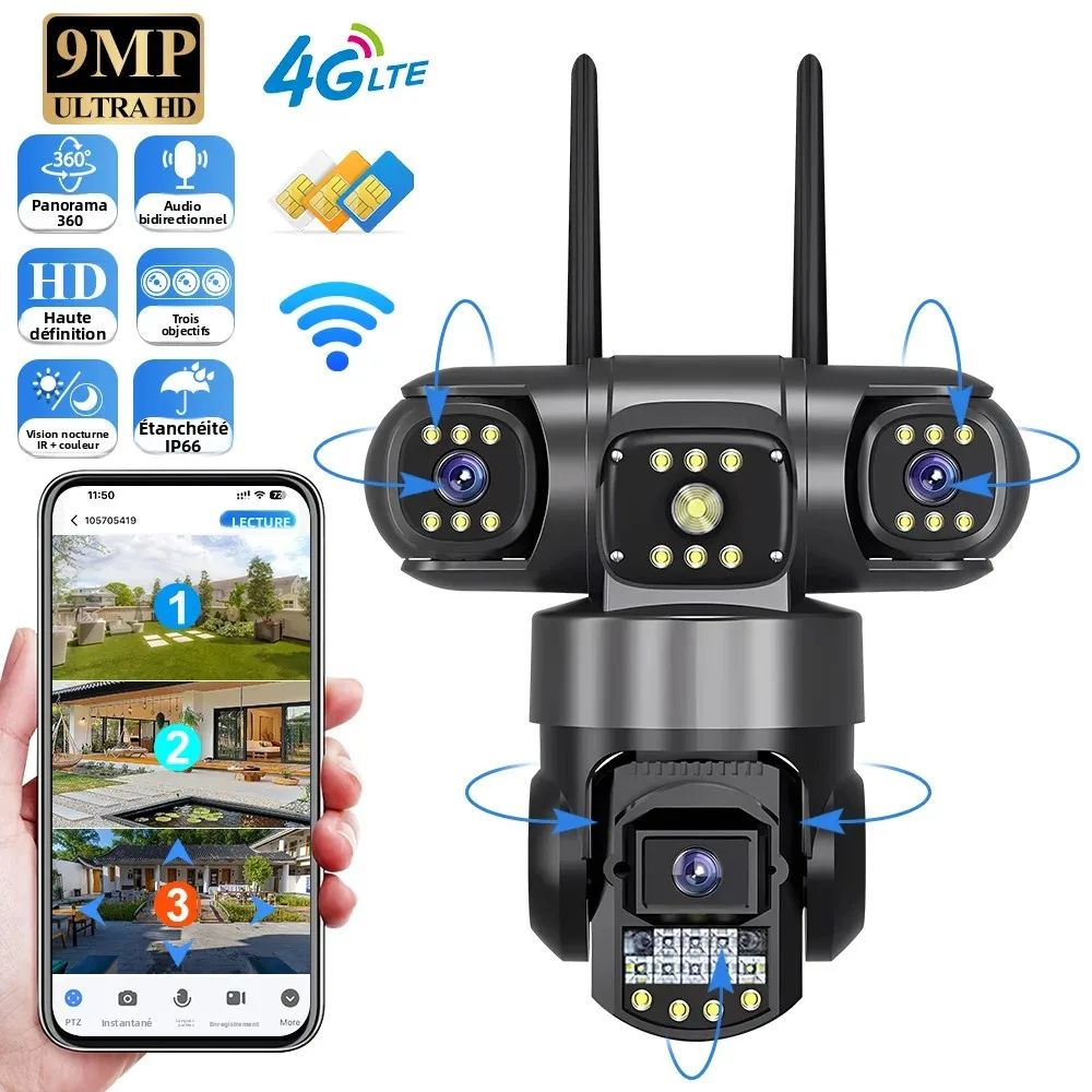 Caméra extérieure étanche V380 Pro 4G avec carte SIM, 8MP, 4K, trois objectifs, vision nocturne, sécurité, PTZ, WiFi, caméra IP domestique CCTV