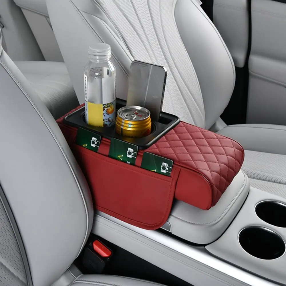 Portable Center Console Armrest Cushion Multifunctional PU Leather Armrest Pad Height Increasing with Cup Holder Storage Box Car