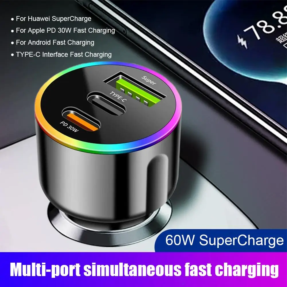 Car Charger Adapter Multi-color Ambient Light 60W PD30W USB-A Fast Charging Car Charger For Phones, Tablets
